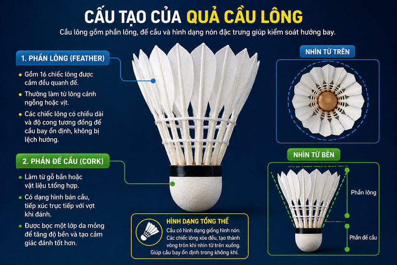 Cầu lông gồm phần lông, đế cầu và hình dạng nón đặc trưng giúp kiểm soát hướng bay. 