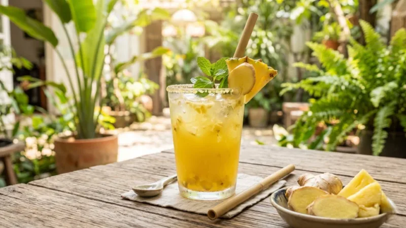 Các nguyên liệu tự nhiên, dễ tìm cần chuẩn bị để nấu một bình nước dứa gừng chuẩn vị.