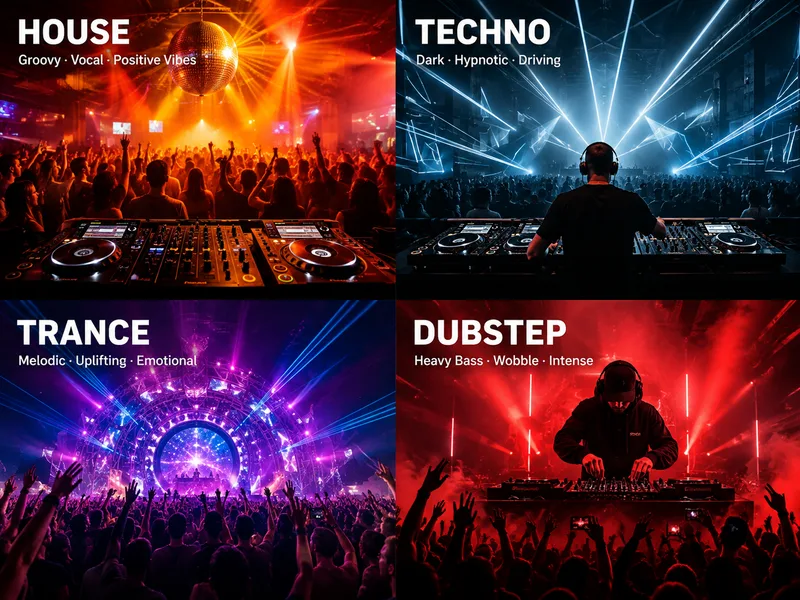 House, Techno, Trance và Dubstep là những thể loại tiêu biểu trong thế giới nhạc điện tử hiện đại.
