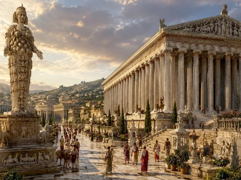 Tượng thần Zeus và Đền Artemis thể hiện sự kết hợp giữa nghệ thuật, kiến trúc và tín ngưỡng trong 7 kỳ quan thế giới cổ đại.