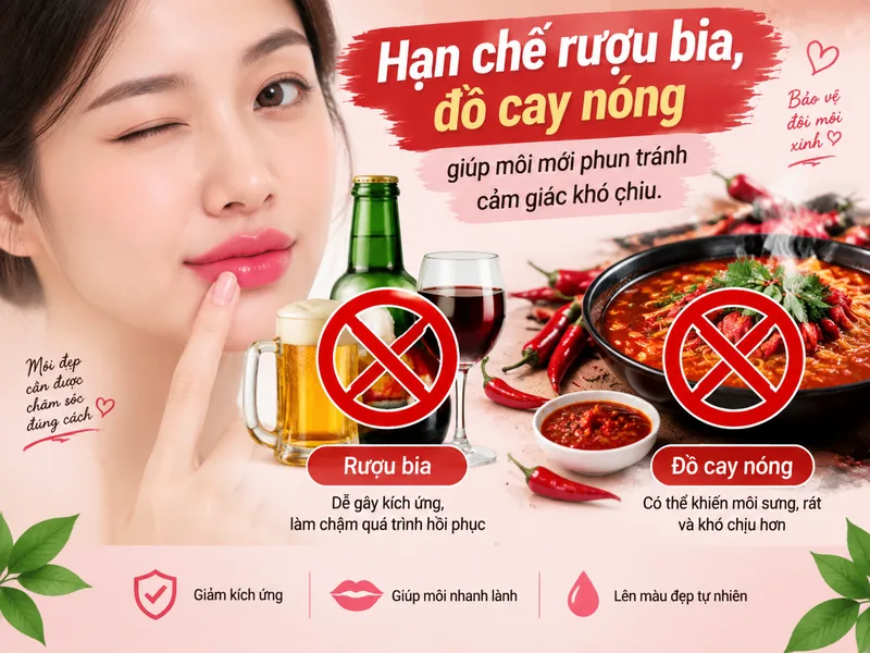 Hạn chế rượu bia, đồ cay nóng giúp môi mới phun tránh cảm giác khó chịu.