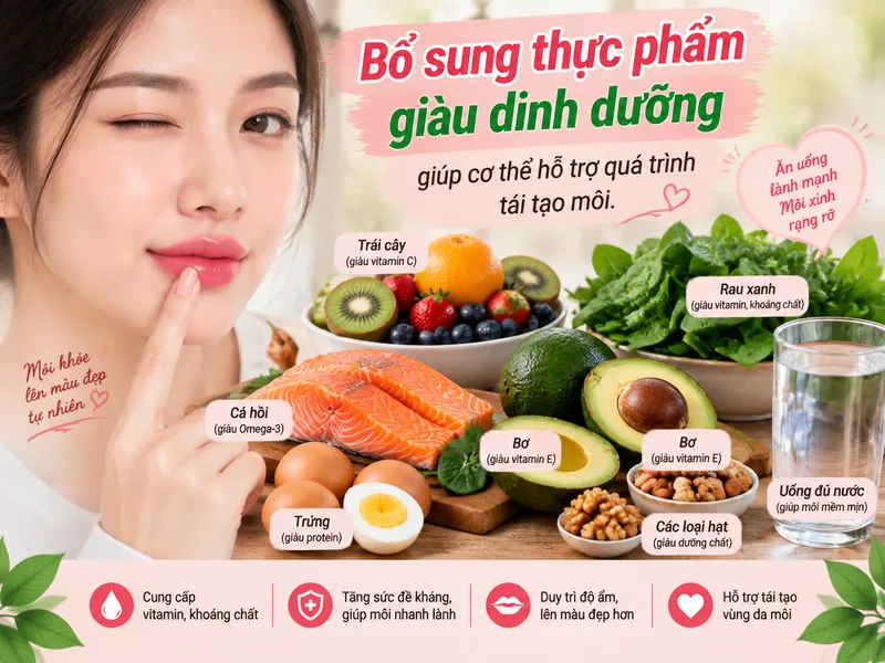 Bổ sung thực phẩm giàu dinh dưỡng giúp cơ thể hỗ trợ quá trình tái tạo môi.